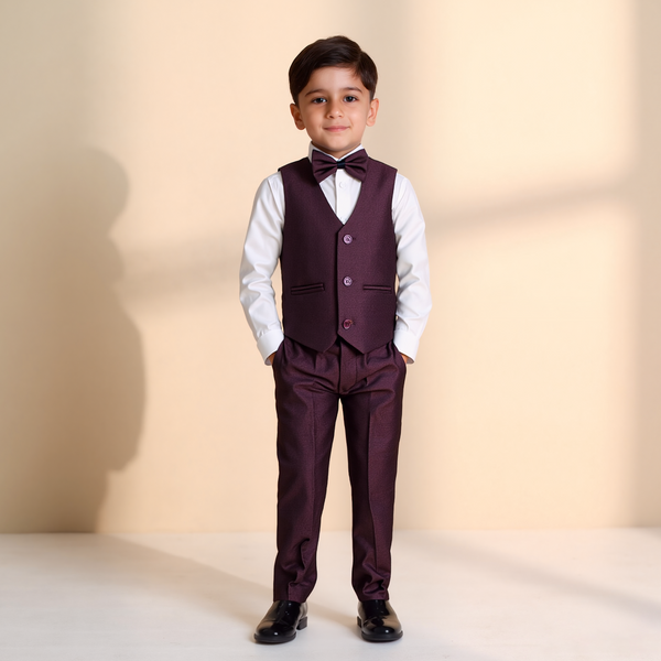 Baby Boy Mahroon Self Waistcoat Formal Set
