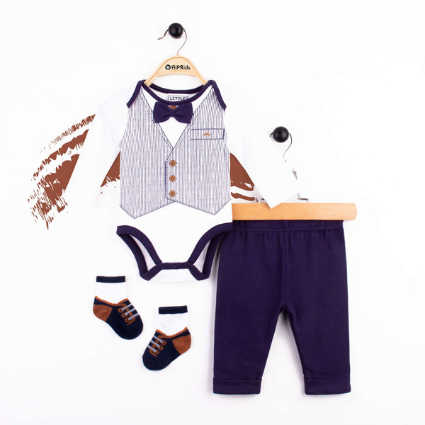 Baby Boy 3 Piece Navy Blue Bow Print