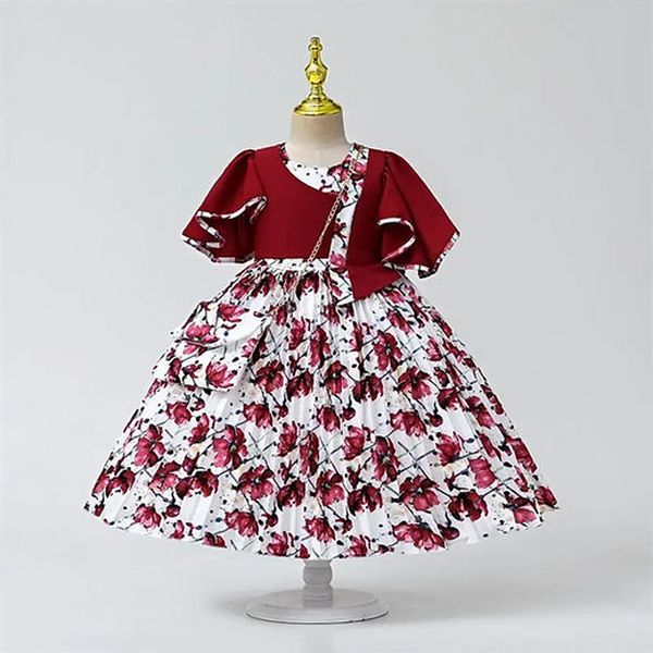 Girl 2 Piece Mahroon Fancy Frock Floral Print