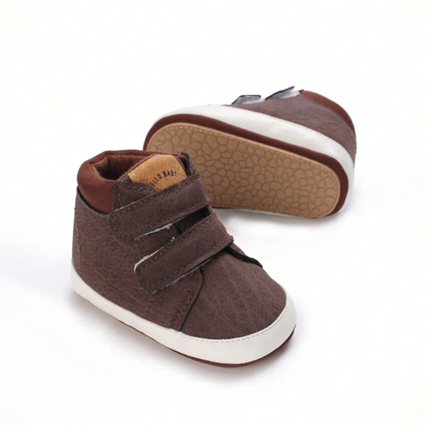 Baby Boy Dark Brown Double Stick-On Shoes Walking-Sole