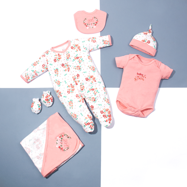 Baby Girl 6 Piece Starter Set Peach Flower Embroidery