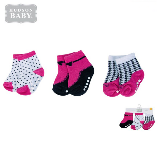Hudson Baby 3pk Socks anti Slip Pink Polka Print
