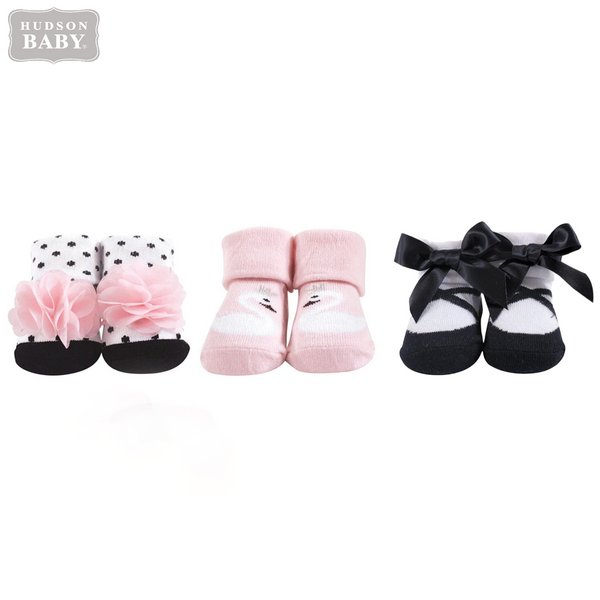 Hudson Baby 3Pk Booties Gift Set Pink Swan Print