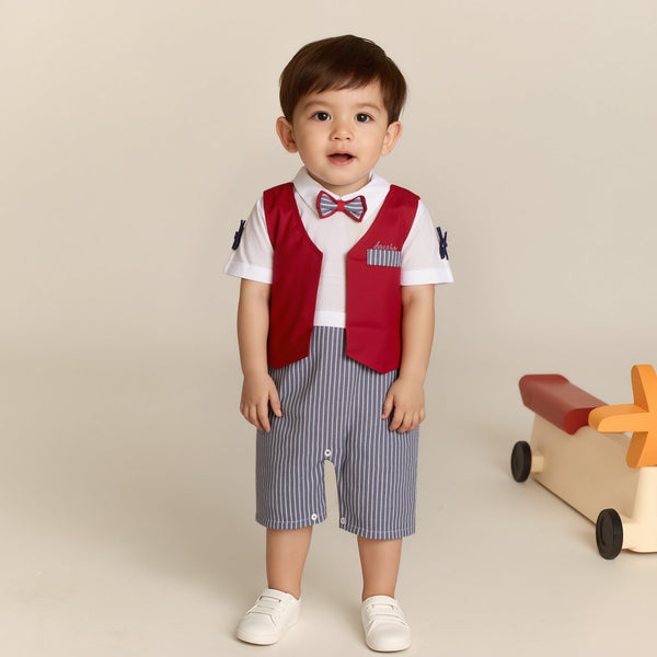Baby Boy Mahroon Grey Stripes Formal Romper