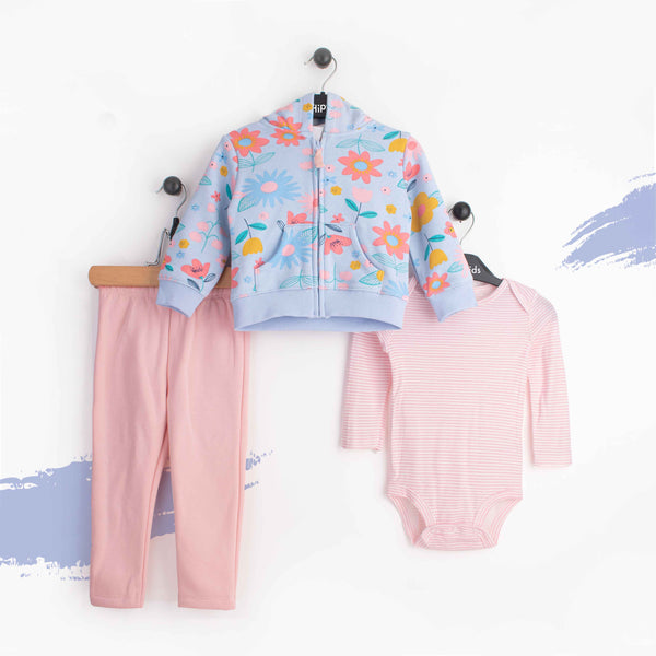 CT Baby Girl 3 Piece Set With Hoodie Blue flowers Print