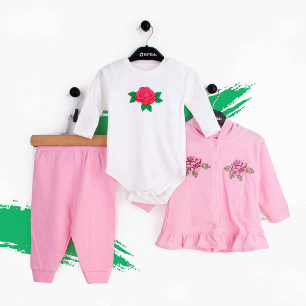Baby Girl 3 Piece Set Pink Embroidered Flowers