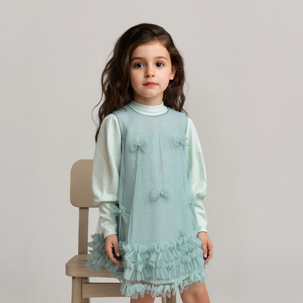 Girl Sea Green 2 Piece Fancy Sequence Bow Frill Frock