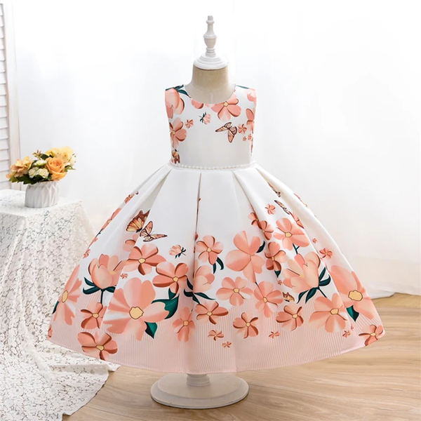 Girl Gown White Peach Flowres and Butterfly Print Fancy Frock