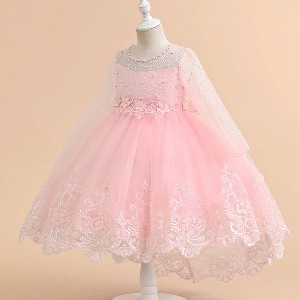 Girls Pink Long Sleeve Lace Princess Party Tail Dress Appliques Pearls