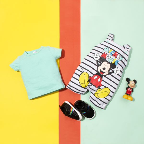 DS Baby Boy 2 Piece Set Black Stripes Mickey Mouse Print