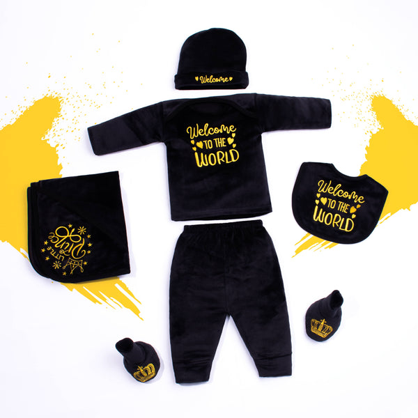 Baby Unisex 6 Piece Starter Set Black Velvet Jersey Welcome to the world