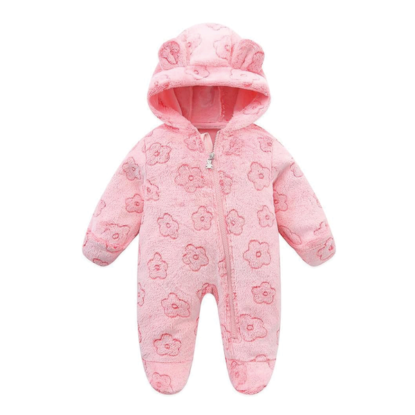 Baby Boy Pink Flower Fleece Hood Full Romper