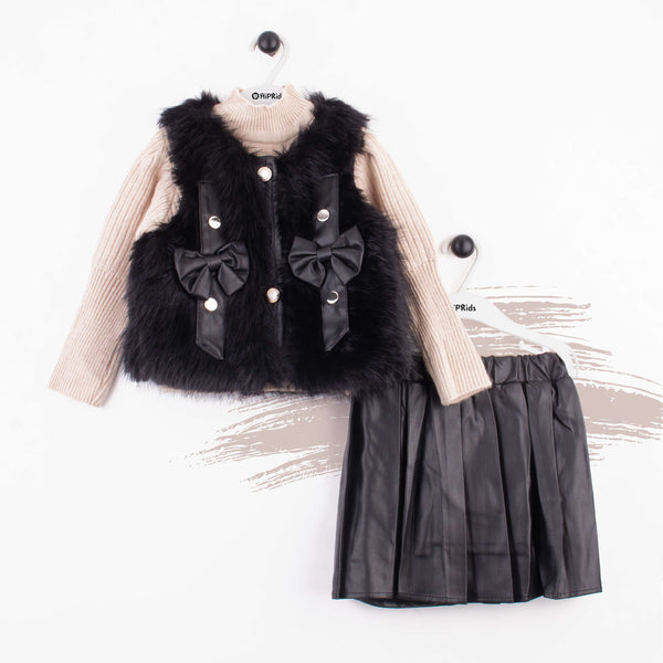 Baby Girl 3 Piece Set Black Bow Fur Jacket Style