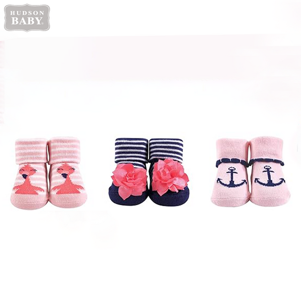 Hudson Baby 3Pk Booties Gift Set Pink Anchor Print