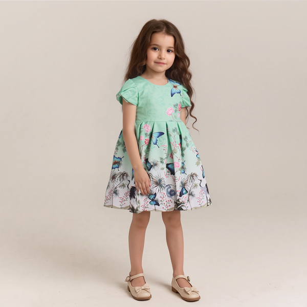 Girl Green Digital Butterflies Printed Frock