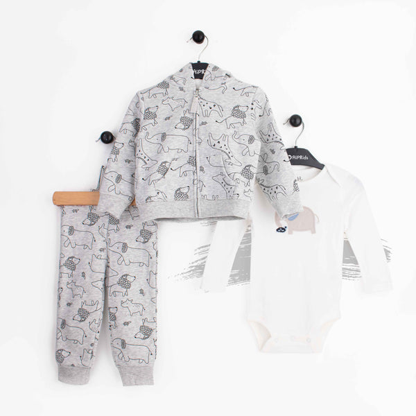CT Baby Boy Grey Animals 3 Piece Set with hoodie