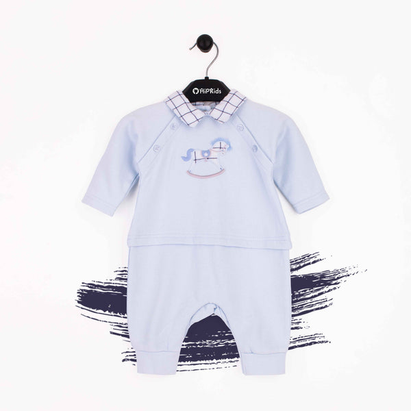 Baby boy blue Horse Checked Print Collar Romper