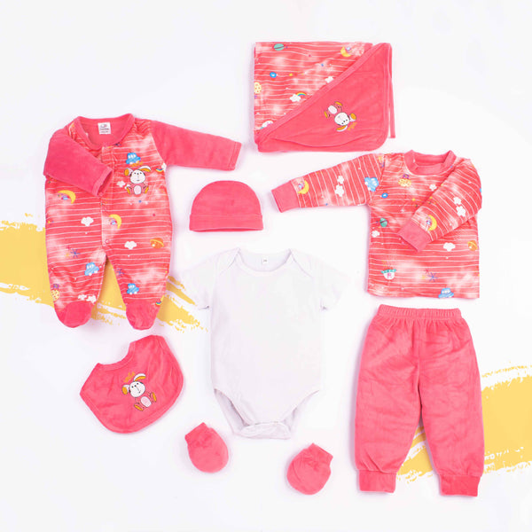 Baby Girl 8 Piece Velvet Starter Set Pink Rabbit Smile