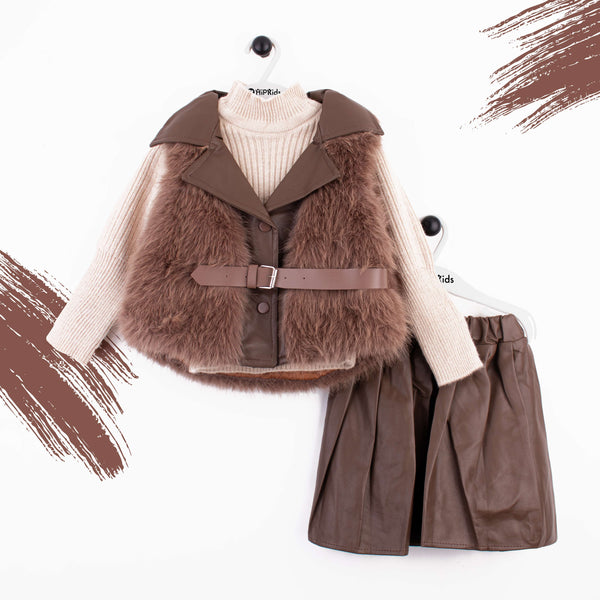 Baby Girl 3 Piece Set Brown Fur Jacket Belt Style