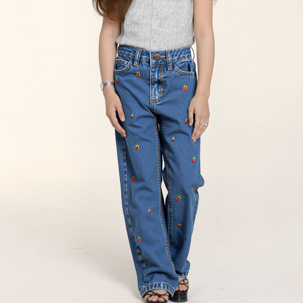 Girl Dark Blue Embroidered Baggy Jeans