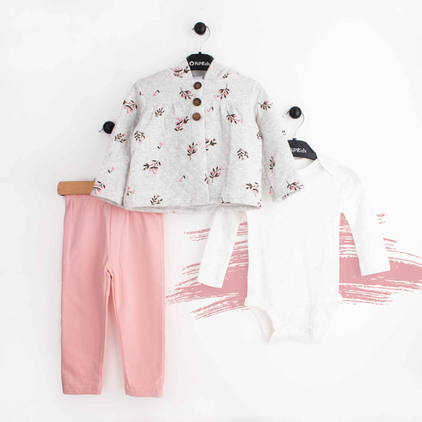 CT Baby Girl 3 Piece Set With Hoodie Pink flowers Print