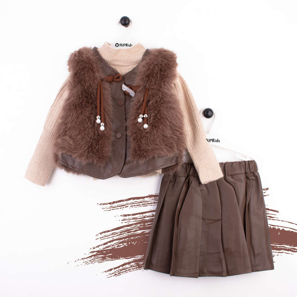 Baby Girl 3 Piece Set Brown Fur Jacket Style