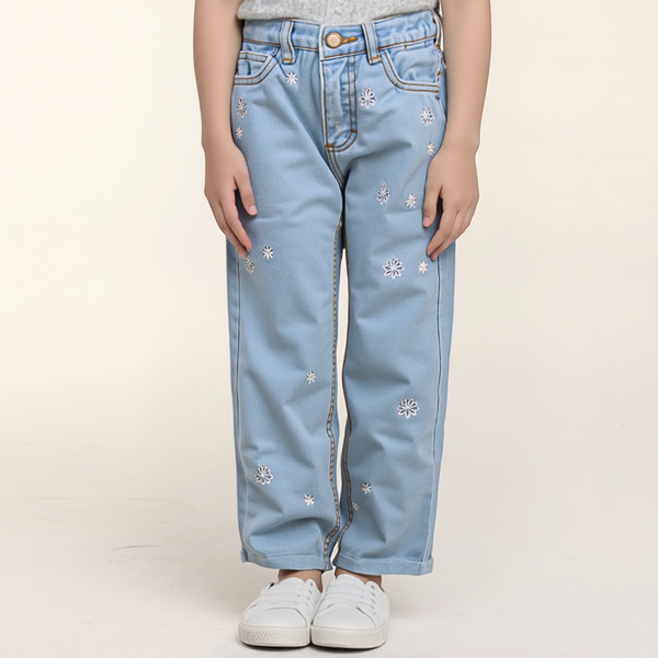 Girl Light Blue Embroidered Baggy Jeans