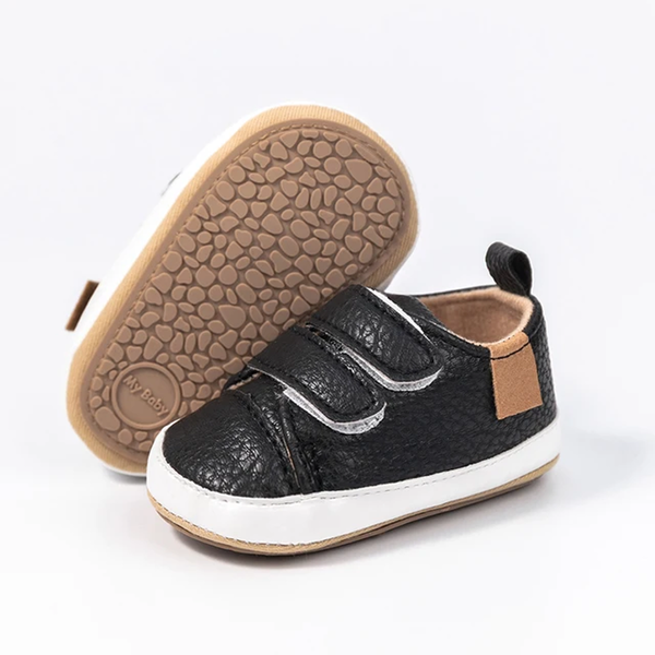 Baby Boy Black Double Stick-On Shoes Walking-Sole
