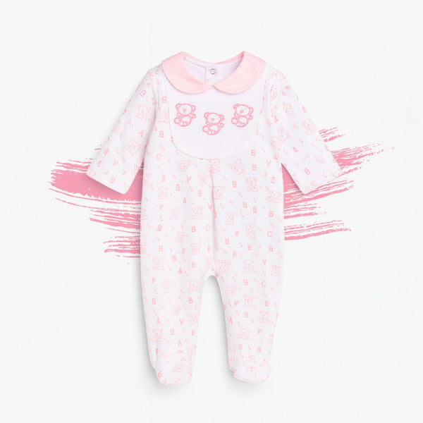 Baby Girl Pink collar Bear print Full romper