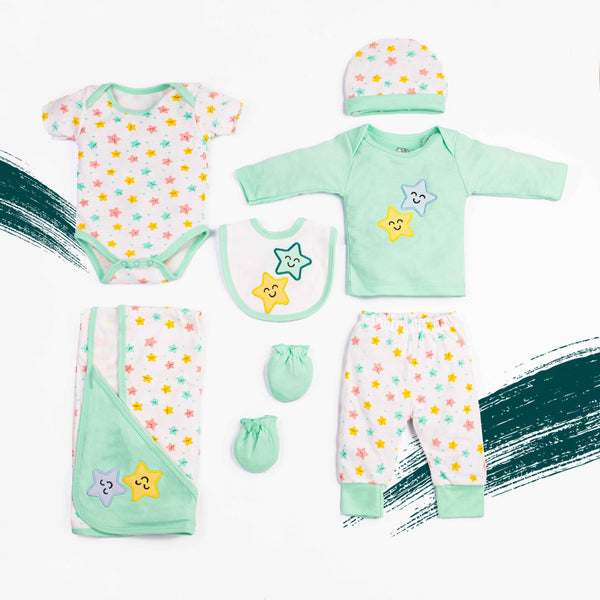 Baby Unisex 7 Piece Starter Set Green Stars Print