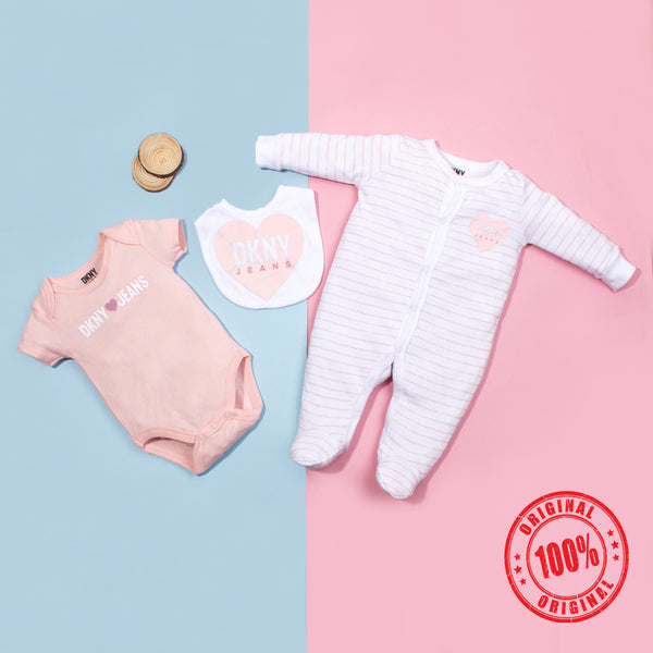 Baby Girl 3 Piece Set DKNY Peach Heart Bib Print
