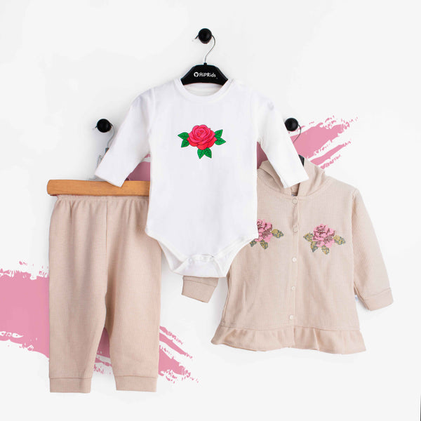 Baby Girl 3 Piece Set Skin / Pink Embroidered Flowers