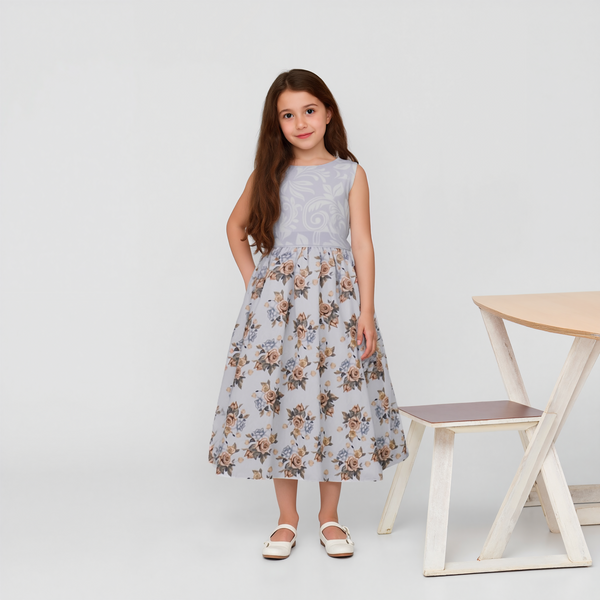 Girl Blue Digital Flowers Printed Fancy Frock