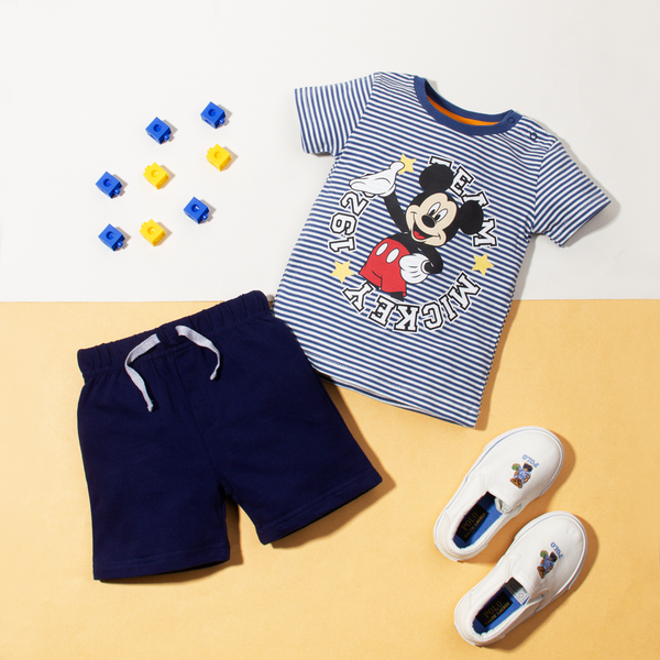 DS Baby Boy 2 Piece Set  Blue Stripes Mickey Mouse Print