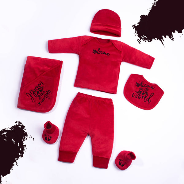 Baby Unisex 6 Piece Starter Set Red Velvet Jersey Welcome to the world