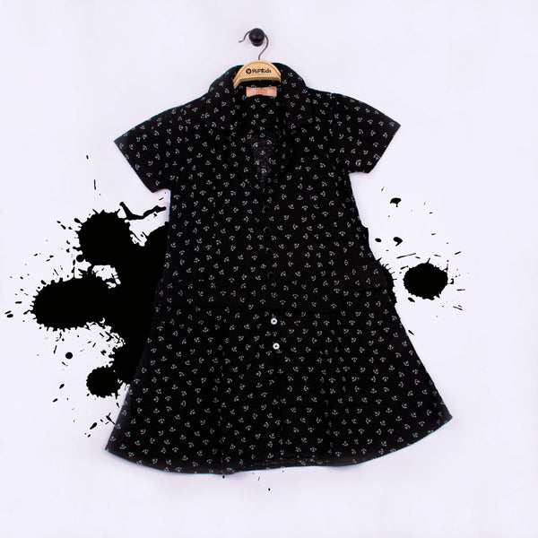 Girl Black Anchor print Frock With Belt