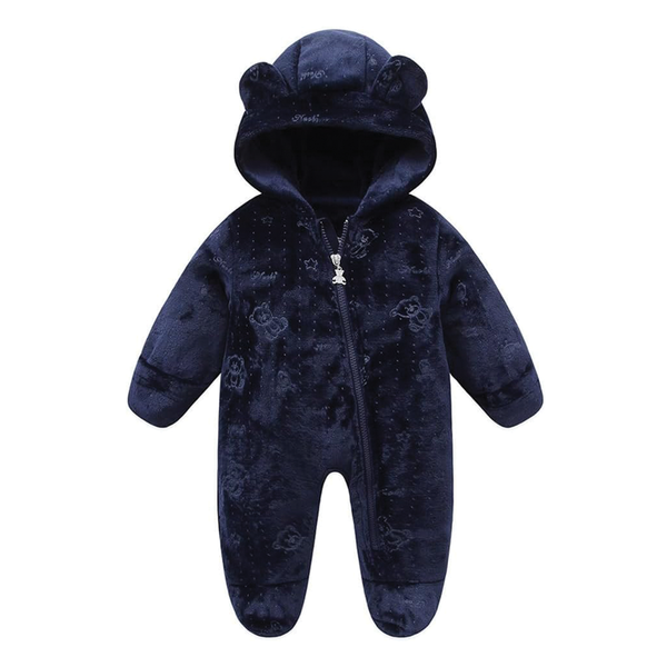 Baby Boy Blue Bear Fleece Hood Full Romper