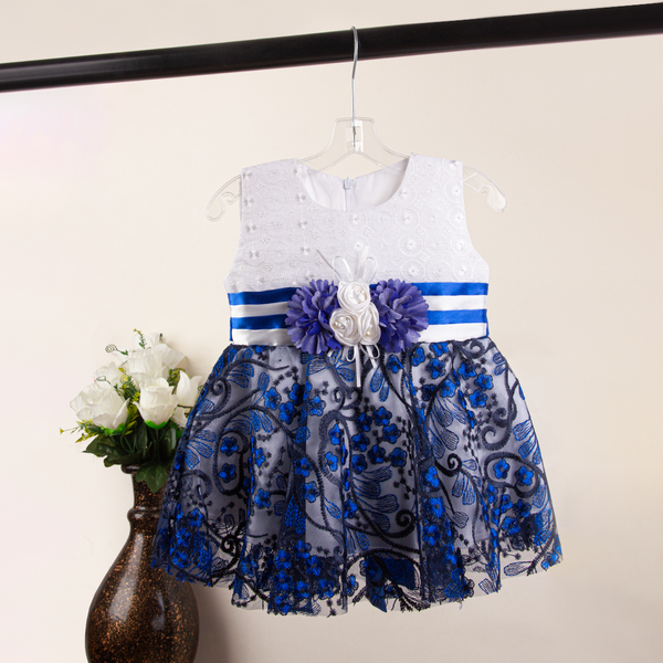 Baby Girl 3D Blue Flower Embroidered Fancy Frock
