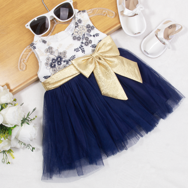 Baby Girl Navy Blue Embroidered Flowers  Golden Bow Fancy Frock