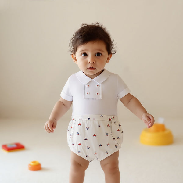Baby Boy White Car Print Romper