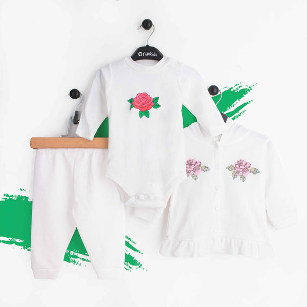 Baby Girl 3 Piece Set White / Pink Embroidered Flowers