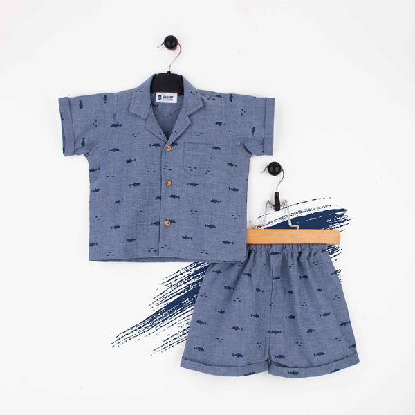 Baby boy 2 Piece Navy Blue Shark Print Safari Suit