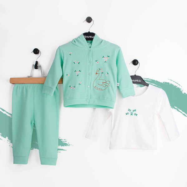 Baby girl 3 Piece Set Sea Green Embroidered Duck