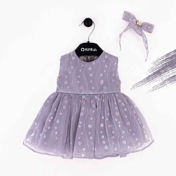 Baby Girl Dark Grey Multi Dots Print Fancy Frock