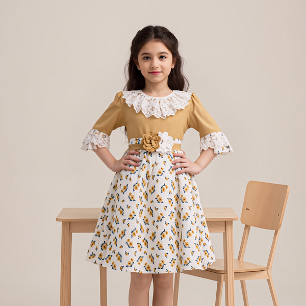Girl Double Flower Bunch Mustard Fancy Frock