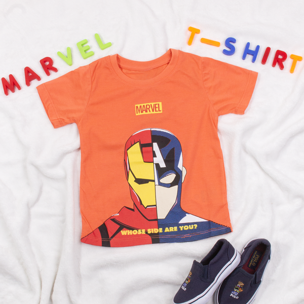 Boy Orange Marvel Whose Side Are You Print T-Shirt