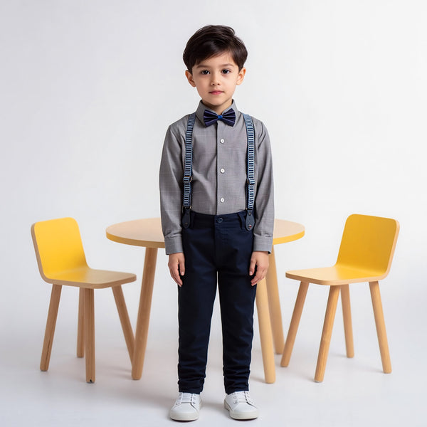 Baby Boy 4 Piece Set Grey Print / Navy Blue Formal Set