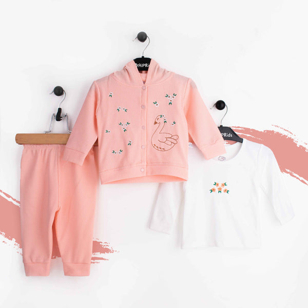 Baby girl 3 Piece Set Peach Embroidered Duck