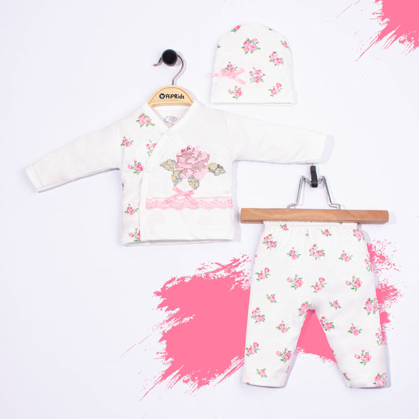 Baby Girl 3 Piece Set White / Pink Embroidered Flower