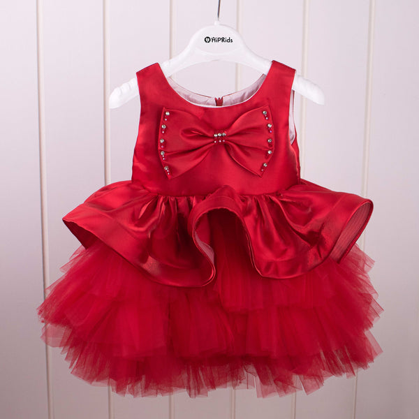 Baby Girl Red Ruffle Bow Fancy Frock